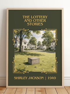 Lottery And Other Stories Classic Book Art Print by Shirley Jackson – framed print leaning on a wooden floor