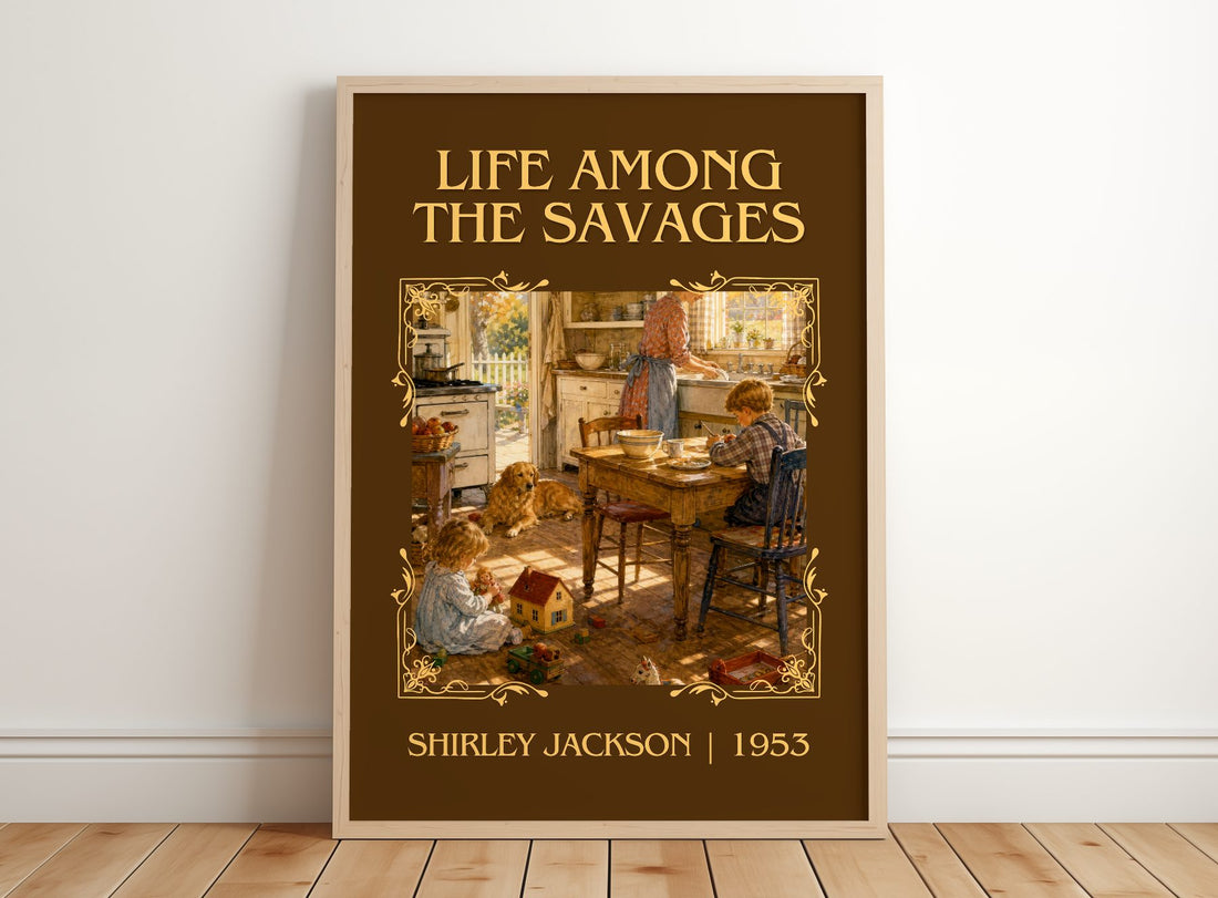 Life Among The Savages Classic Book Art Print by Shirley Jackson – framed print leaning on a wooden floor