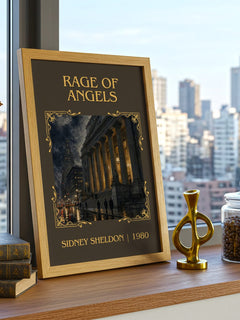 Rage Of Angels Classic Book Art Print by Sidney Sheldon – framed print on a city-view windowsill