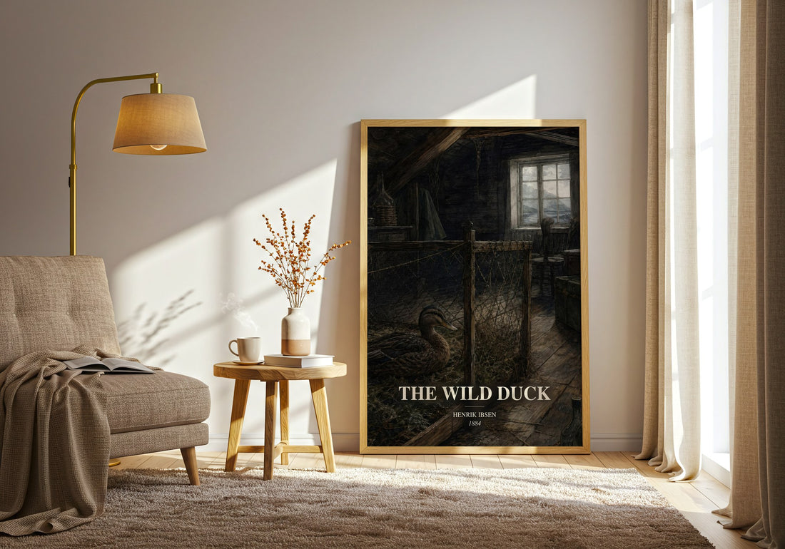 The Wild Duck watercolour print in frame leaning in hallway – classic literature wall art (mockup)