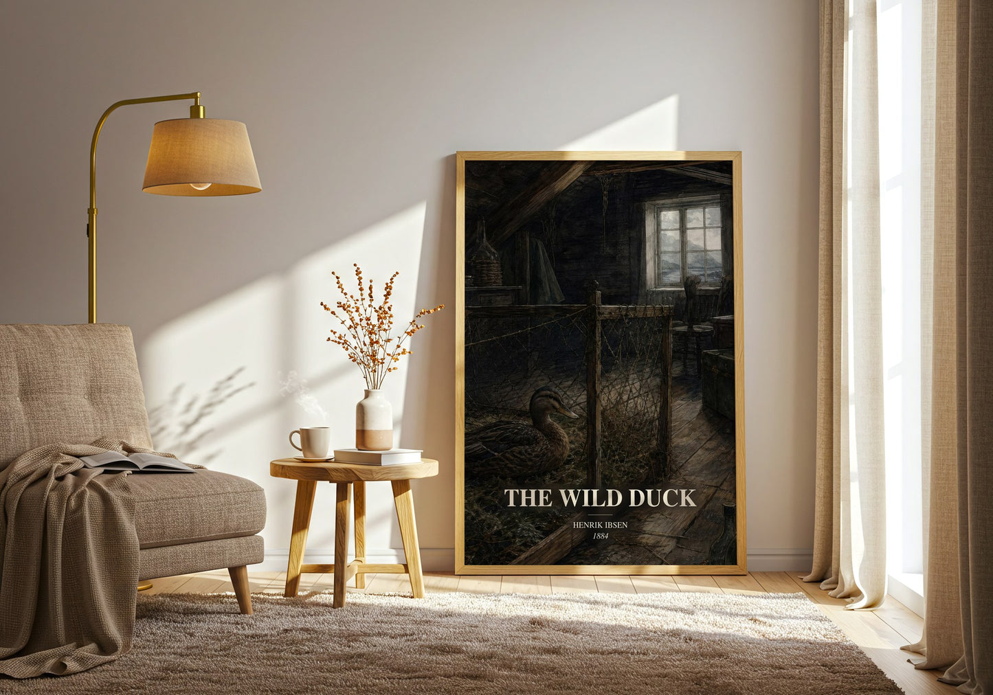 The Wild Duck watercolour print in frame leaning in hallway – classic literature wall art