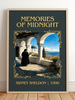 Memories Of Midnight Classic Book Art Print by Sidney Sheldon – framed print leaning on a wooden floor
