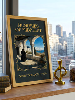 Memories Of Midnight Classic Book Art Print by Sidney Sheldon – framed print on a city-view windowsill