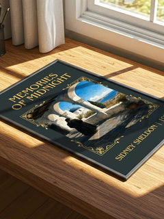 Memories Of Midnight Classic Book Art Print by Sidney Sheldon – print on a sunlit desk