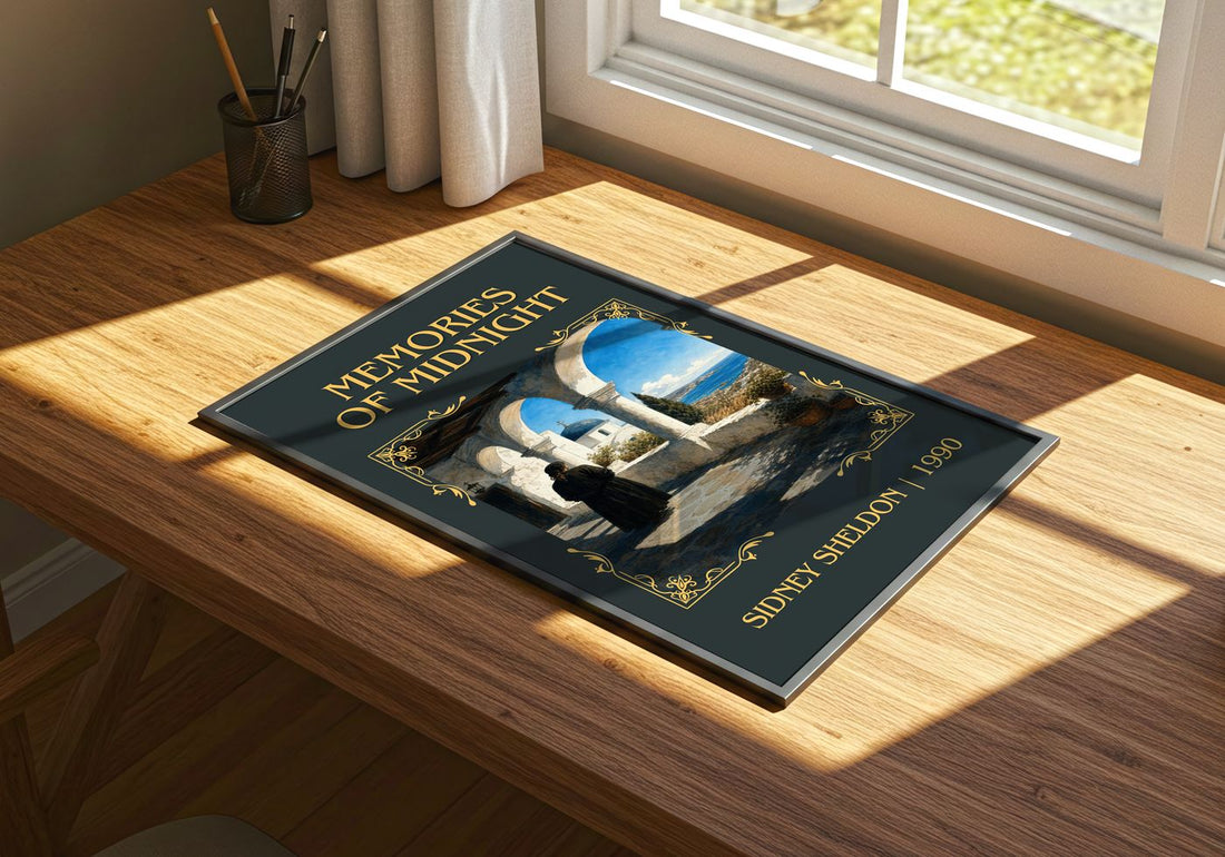 Memories Of Midnight Classic Book Art Print by Sidney Sheldon – print on a sunlit desk