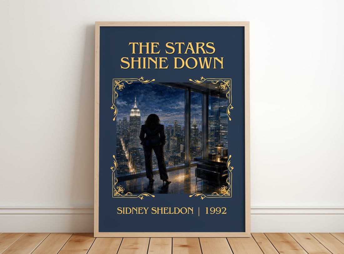 The Stars Shine Down Classic Book Art Print by Sidney Sheldon – framed print leaning on a wooden floor