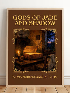 Gods Of Jade And Shadow Classic Book Art Print by Silvia Moreno-Garcia – framed print leaning on a wooden floor