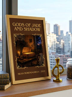 Gods Of Jade And Shadow Classic Book Art Print by Silvia Moreno-Garcia – framed print on a city-view windowsill