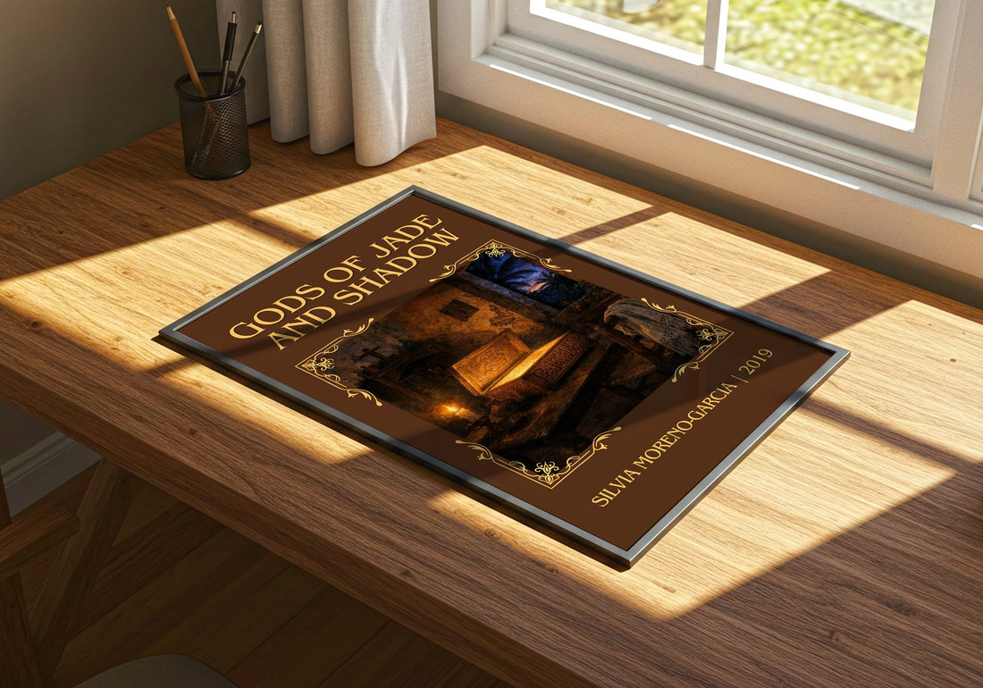 Gods Of Jade And Shadow Classic Book Art Print by Silvia Moreno-Garcia – print on a sunlit desk