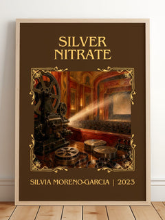 Silver Nitrate Classic Book Art Print by Silvia Moreno-Garcia – framed print leaning on a wooden floor