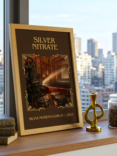 Silver Nitrate Classic Book Art Print by Silvia Moreno-Garcia – framed print on a city-view windowsill