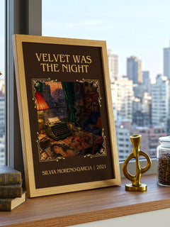 Velvet Was The Night Classic Book Art Print by Silvia Moreno-Garcia – framed print on a city-view windowsill