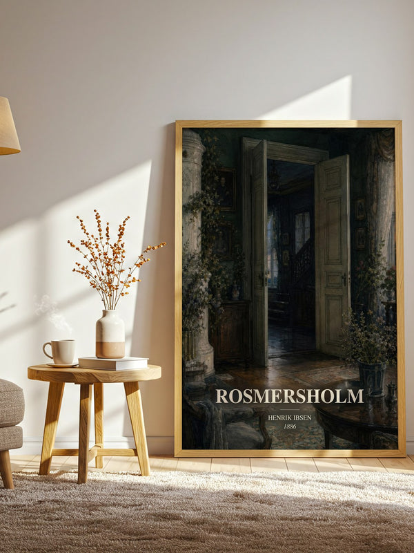 Rosmersholm watercolour print in frame leaning in hallway – classic literature wall art