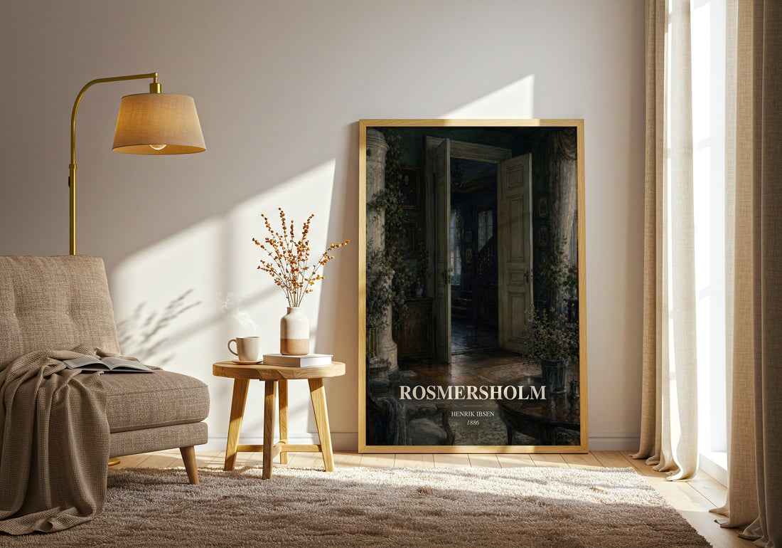 Rosmersholm watercolour print in frame leaning in hallway – classic literature wall art (mockup)