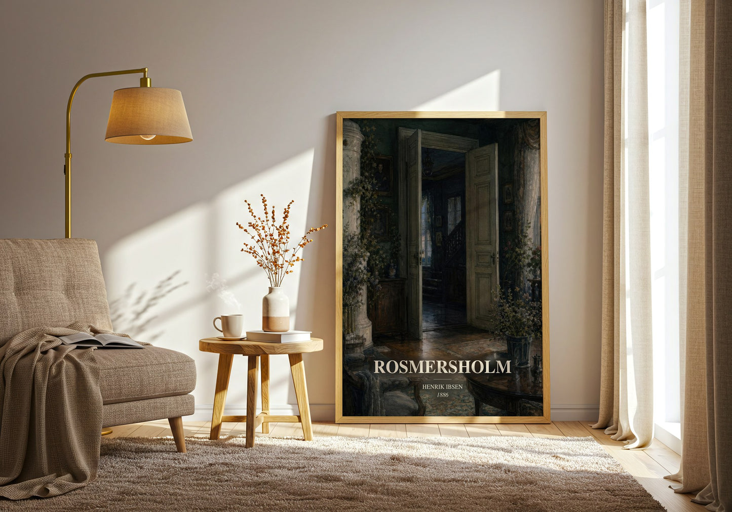 Rosmersholm watercolour print in frame leaning in hallway – classic literature wall art