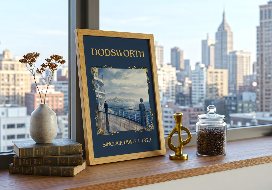 Dodsworth Classic Book Art Print by Sinclair Lewis – framed print on a city-view windowsill