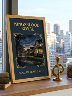 Kingsblood Royal Classic Book Art Print by Sinclair Lewis – framed print on a city-view windowsill