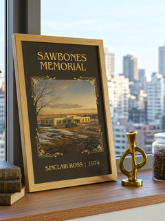 Sawbones Memorial Classic Book Art Print by Sinclair Ross – framed print on a city-view windowsill