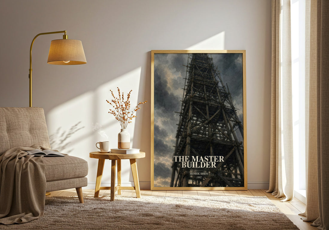 The Master Builder watercolour print in frame leaning in hallway – classic literature wall art (mockup)