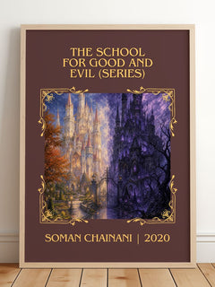 The School For Good And Evil (Series) Classic Book Art Print by Soman Chainani – framed print leaning on a wooden floor
