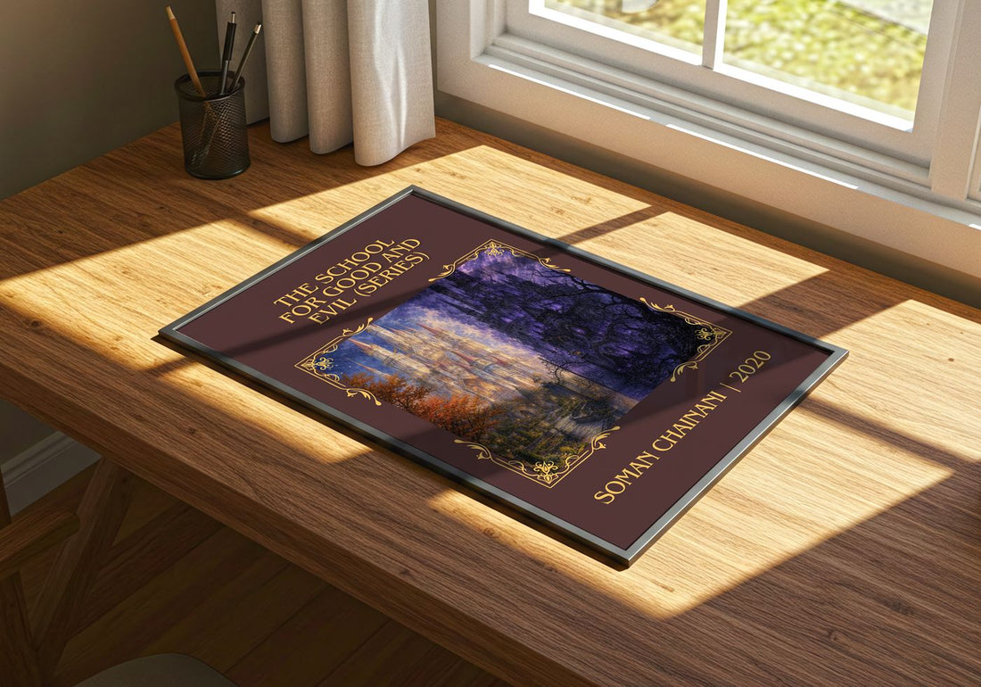 The School For Good And Evil (Series) Classic Book Art Print by Soman Chainani – print on a sunlit desk
