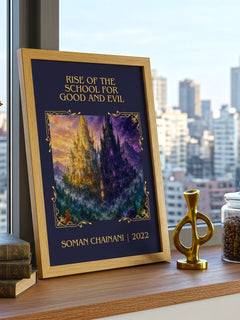 Rise Of The School For Good And Evil Classic Book Art Print by Soman Chainani – framed print on a city-view windowsill