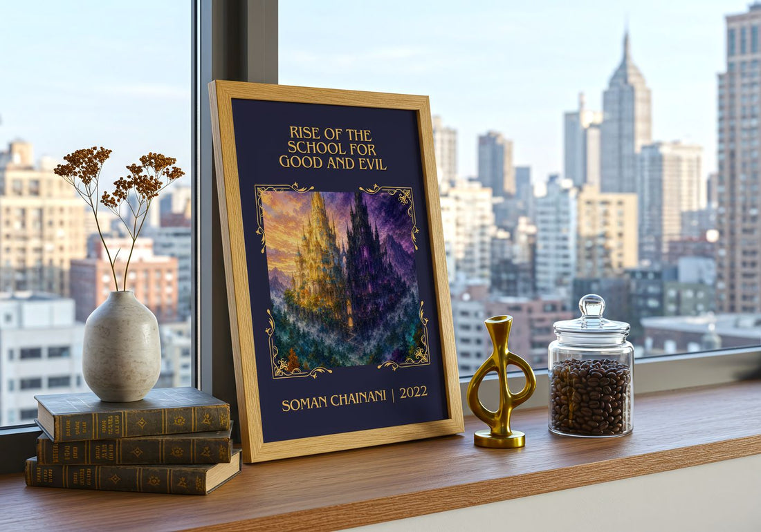 Rise Of The School For Good And Evil Classic Book Art Print by Soman Chainani – framed print on a city-view windowsill