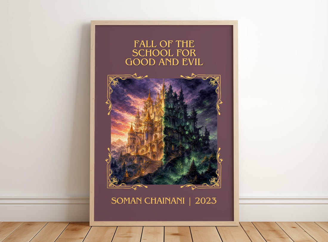 Fall Of The School For Good And Evil Classic Book Art Print by Soman Chainani – framed print leaning on a wooden floor