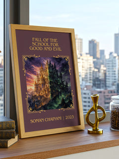 Fall Of The School For Good And Evil Classic Book Art Print by Soman Chainani – framed print on a city-view windowsill