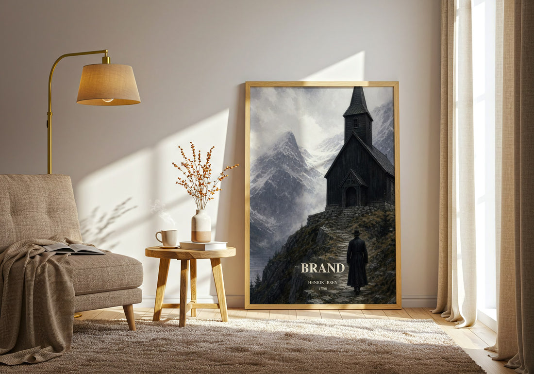 Brand watercolour print in frame leaning in hallway – classic literature wall art (mockup)