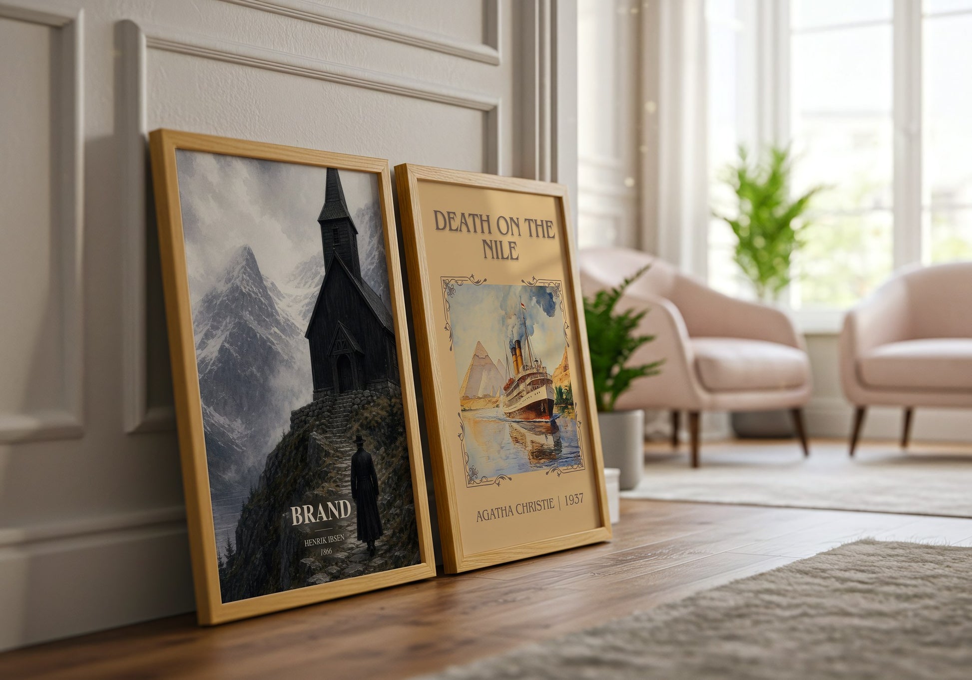Brand watercolour print framed by window – literary home decor