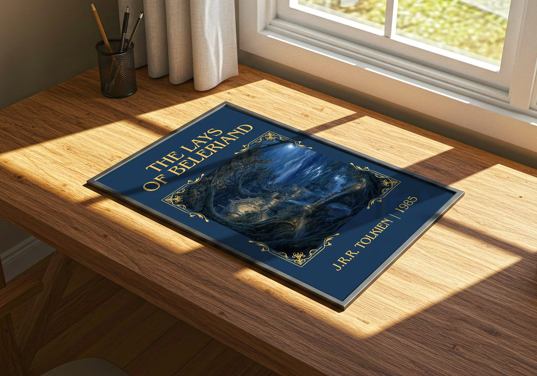 The Lays Of Beleriand Classic Book Art Print by J.R.R. Tolkien – print on a sunlit desk