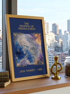 The Shaping Of Middle-Earth Classic Book Art Print by J.R.R. Tolkien – framed print on a city-view windowsill