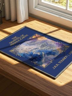 The Shaping Of Middle-Earth Classic Book Art Print by J.R.R. Tolkien – print on a sunlit desk