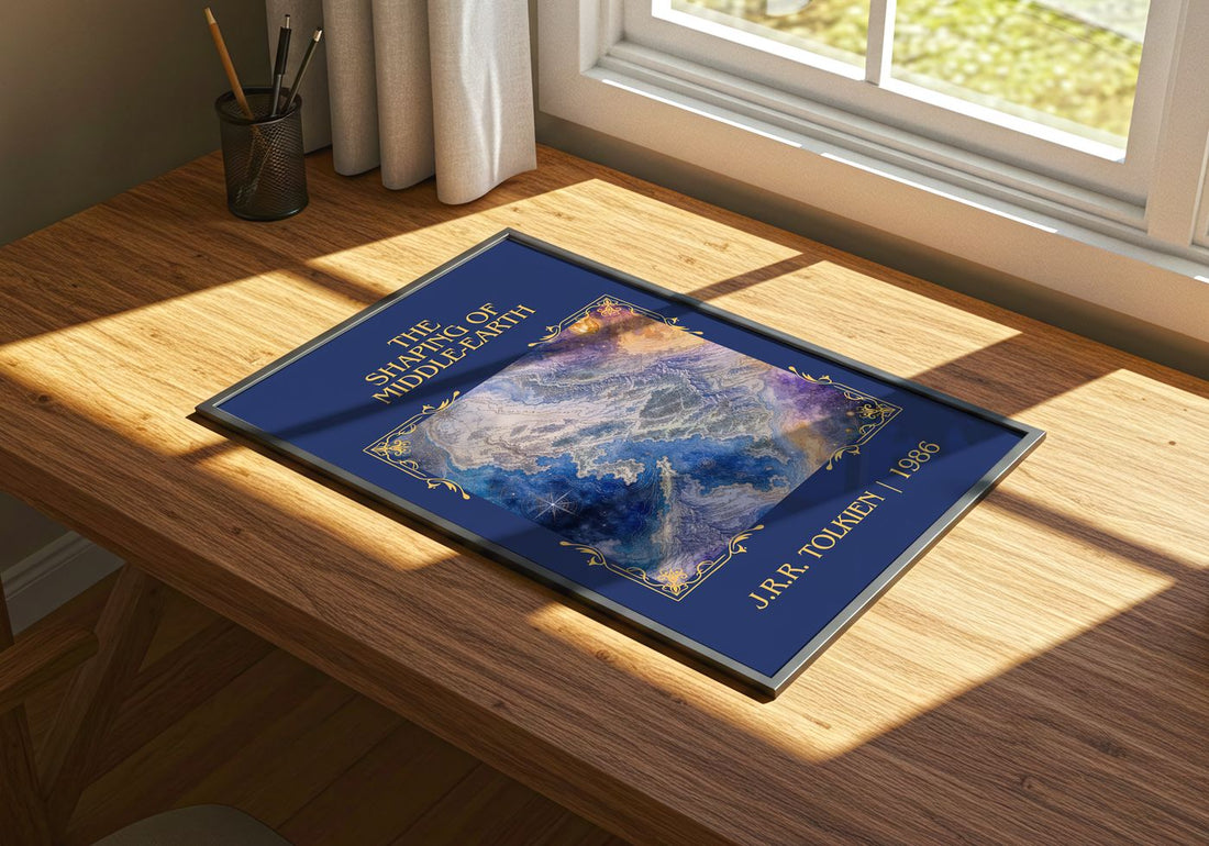 The Shaping Of Middle-Earth Classic Book Art Print by J.R.R. Tolkien – print on a sunlit desk