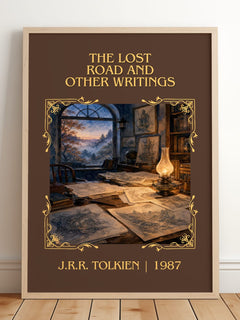 Lost Road And Other Writings Classic Book Art Print by J.R.R. Tolkien – framed print leaning on a wooden floor