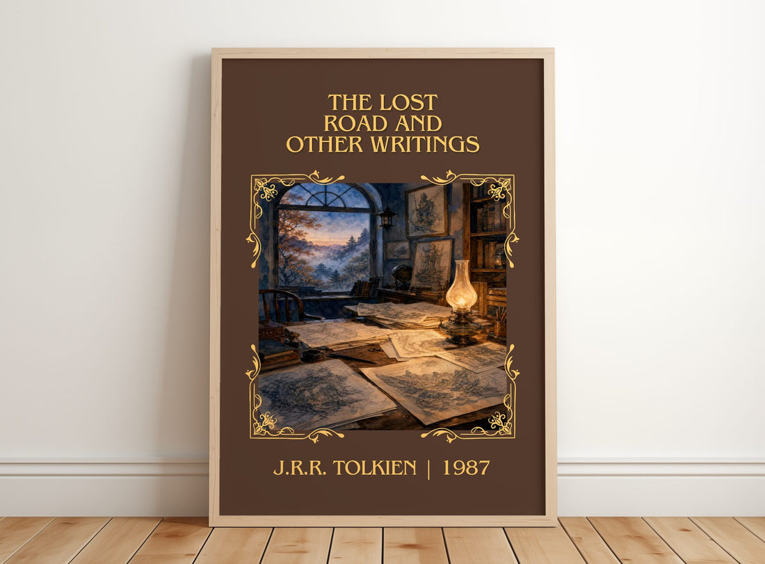 Lost Road And Other Writings Classic Book Art Print by J.R.R. Tolkien – framed print leaning on a wooden floor