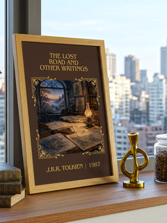 Lost Road And Other Writings Classic Book Art Print by J.R.R. Tolkien – framed print on a city-view windowsill