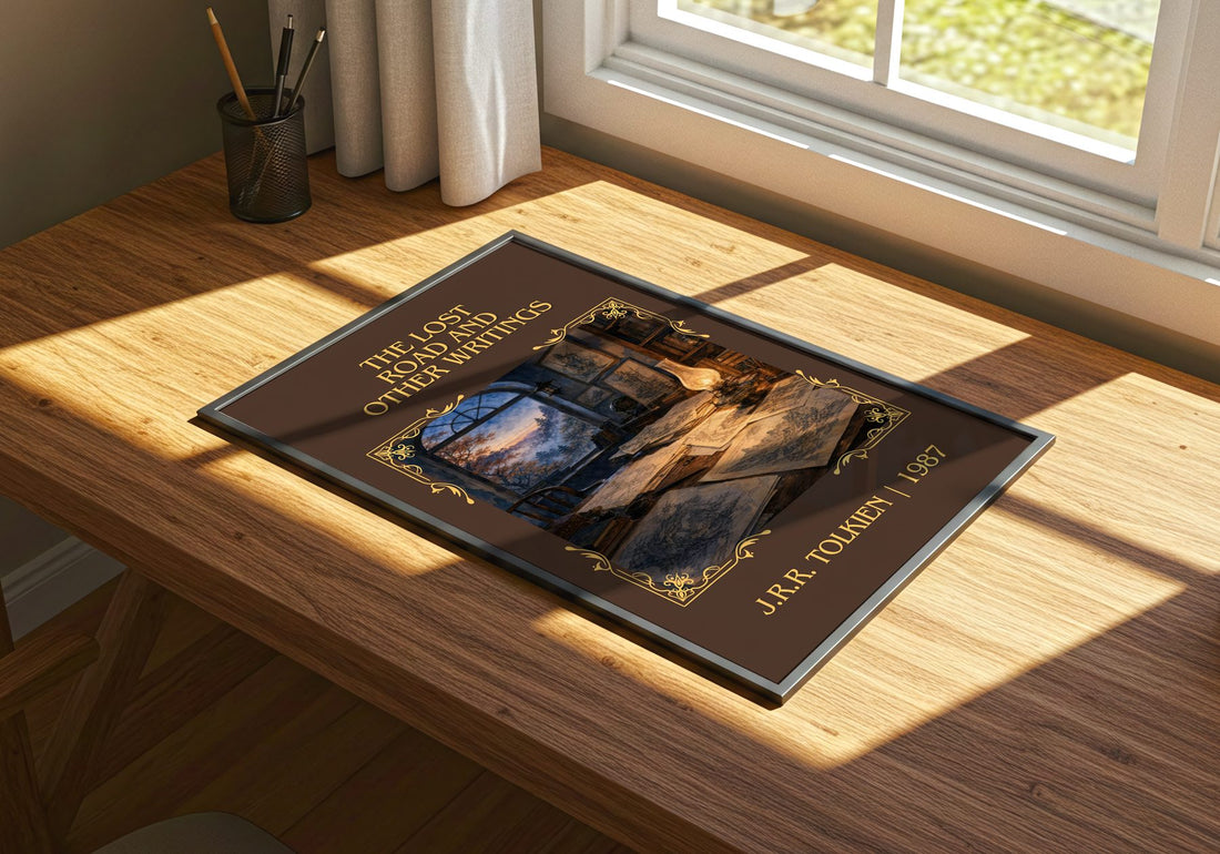 Lost Road And Other Writings Classic Book Art Print by J.R.R. Tolkien – print on a sunlit desk