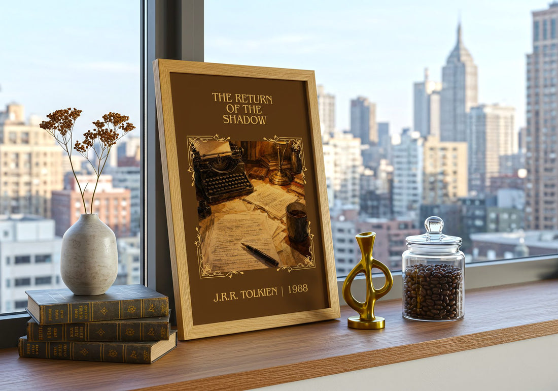 The Return Of The Shadow Classic Book Art Print by J.R.R. Tolkien – framed print on a city-view windowsill