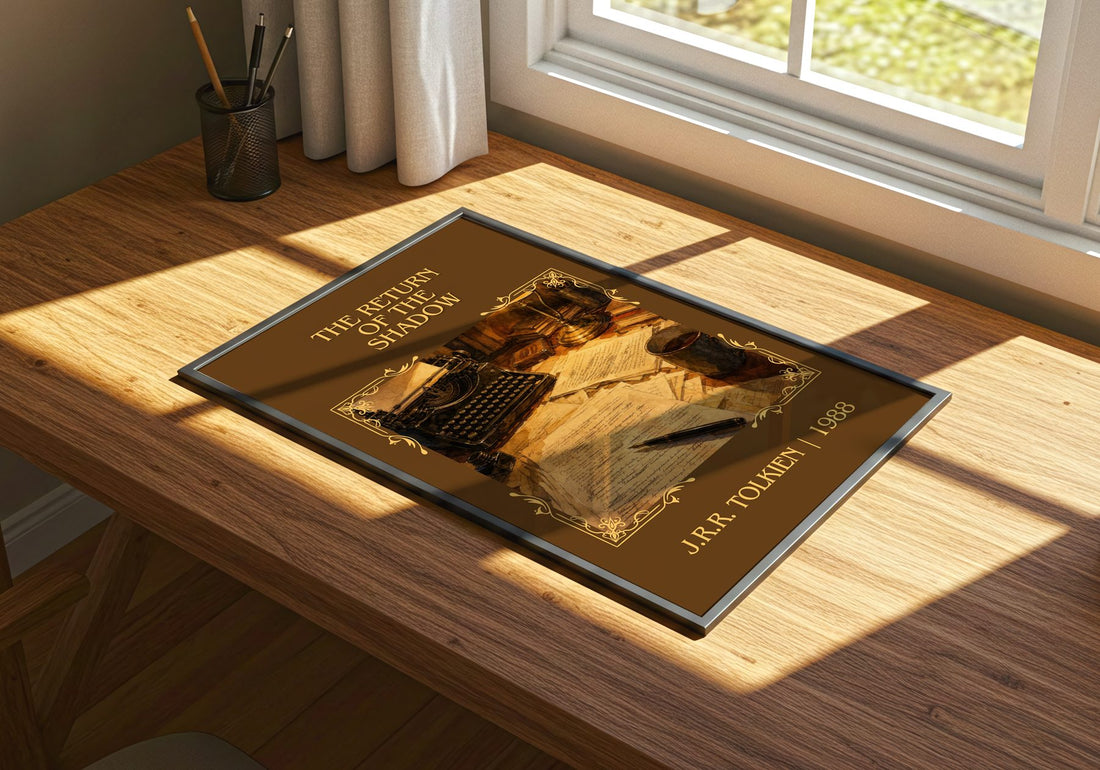 The Return Of The Shadow Classic Book Art Print by J.R.R. Tolkien – print on a sunlit desk