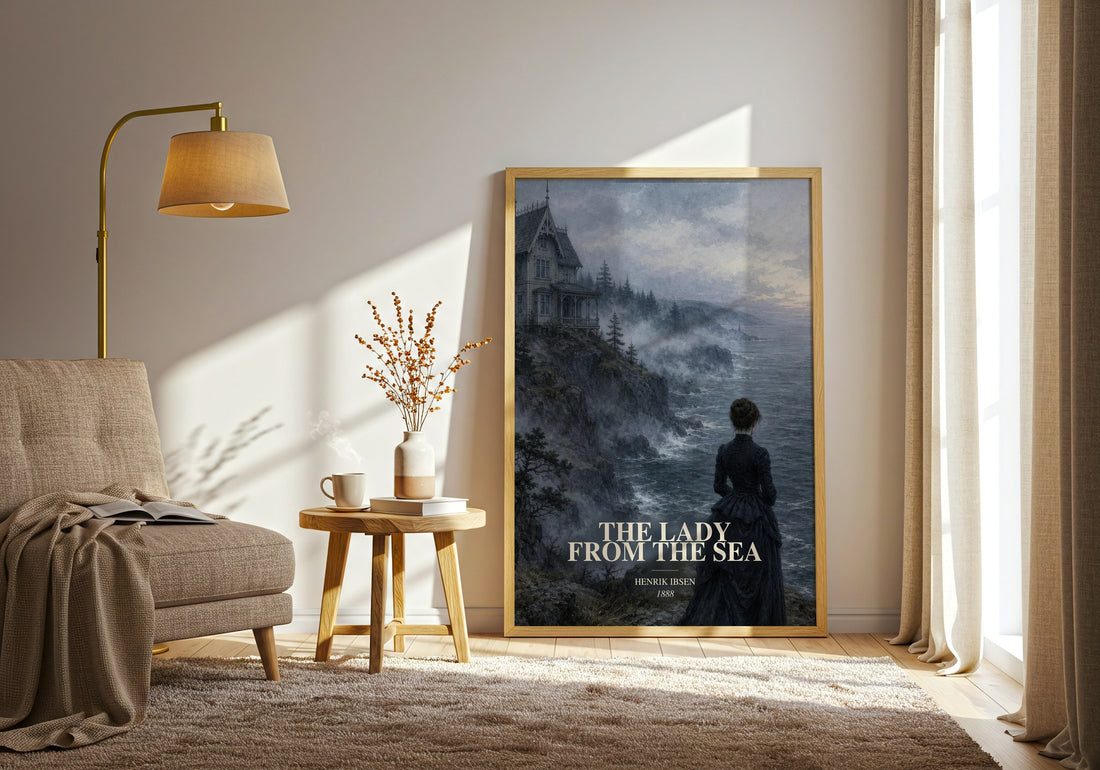 The Lady From The Sea watercolour print in frame leaning in hallway – classic literature wall art (mockup)
