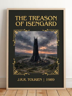 The Treason Of Isengard Classic Book Art Print by J.R.R. Tolkien – framed print leaning on a wooden floor