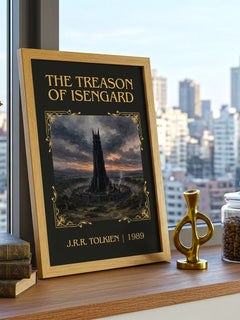 The Treason Of Isengard Classic Book Art Print by J.R.R. Tolkien – framed print on a city-view windowsill