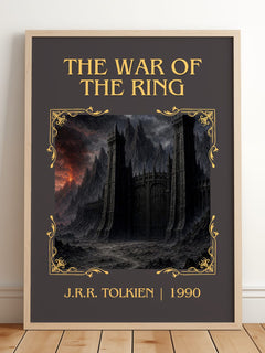 The War Of The Ring Classic Book Art Print by J.R.R. Tolkien – framed print leaning on a wooden floor