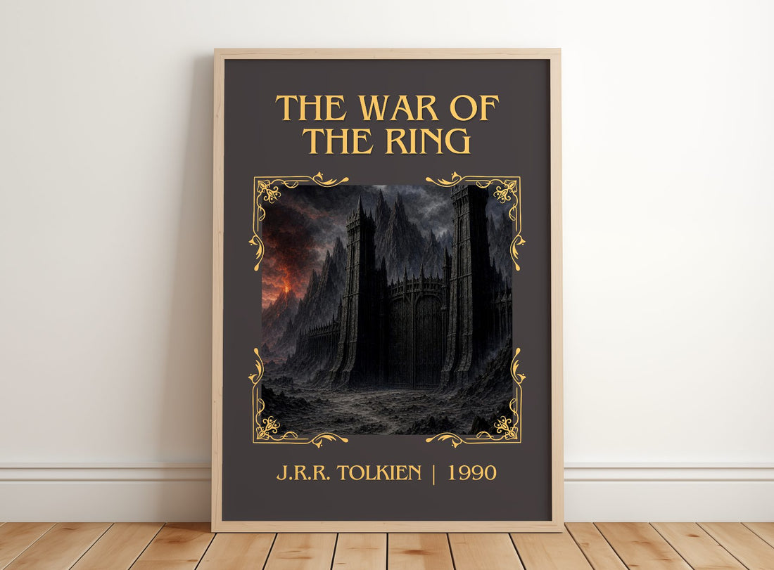 The War Of The Ring Classic Book Art Print by J.R.R. Tolkien – framed print leaning on a wooden floor