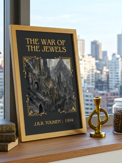 The War Of The Jewels Classic Book Art Print by J.R.R. Tolkien – framed print on a city-view windowsill