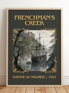 Frenchman's Creek Classic Book Art Print by Daphne du Maurier – framed print leaning on a wooden floor