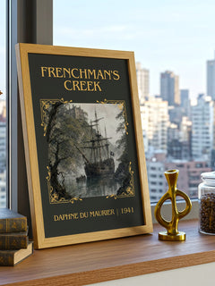 Frenchman's Creek Classic Book Art Print by Daphne du Maurier – framed print on a city-view windowsill