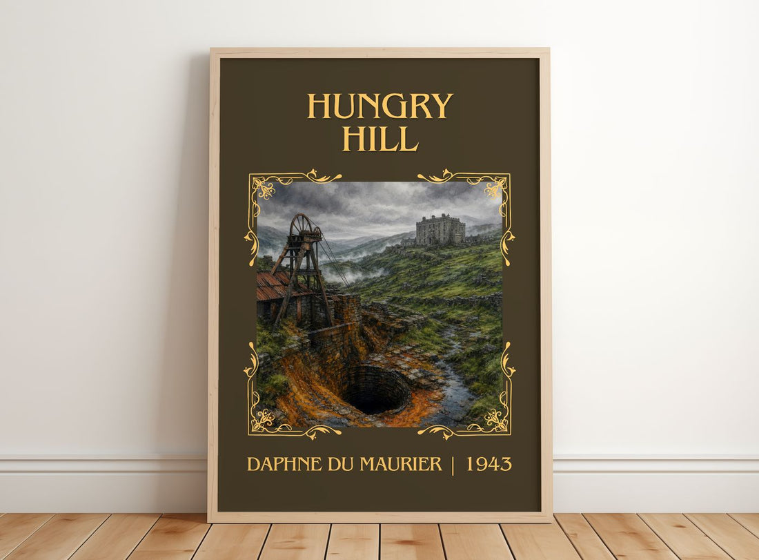 Hungry Hill Classic Book Art Print by Daphne du Maurier – framed print leaning on a wooden floor